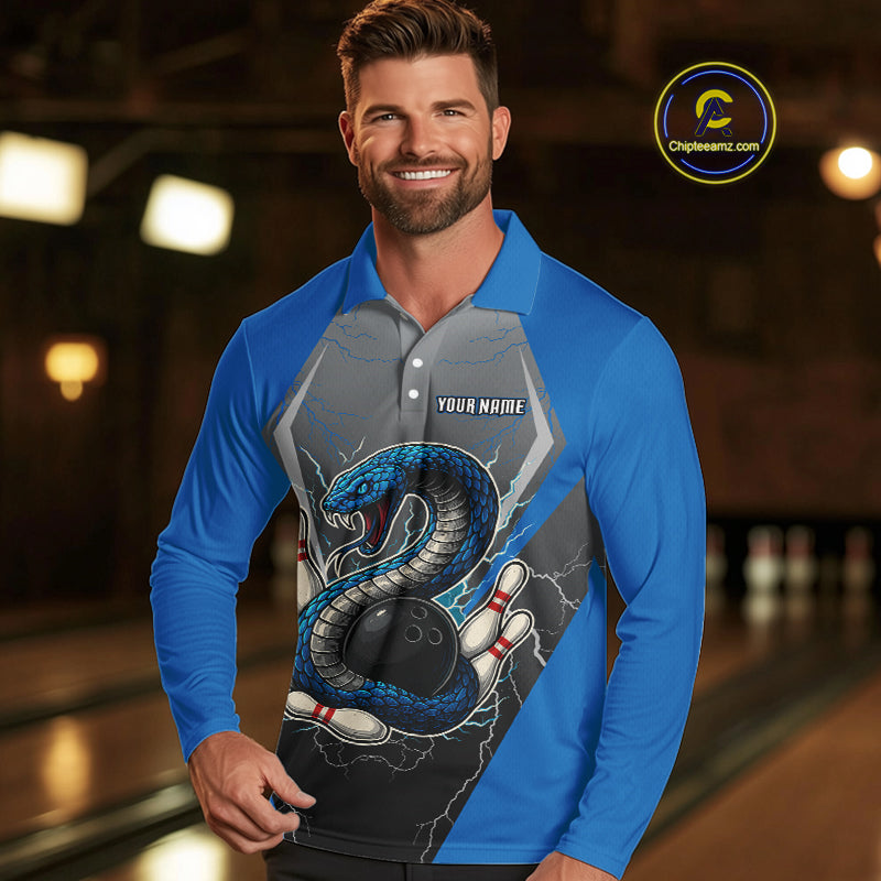 Blue Lightning Thunder Cobra Snake Custom Bowling Shirts For Men, Bowling Team Shirt With Names NQS9851