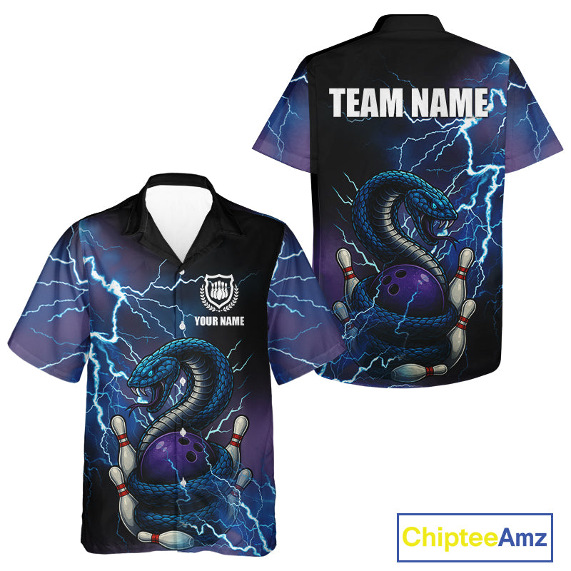 Personalized Black And Blue Thunder Lightning Cobra Snake Bowling Hawaiian shirt, Bowling Team Uniform NQS9852