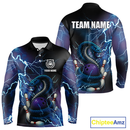 Personalized Black And Blue Thunder Lightning Cobra Snake Bowling Shirts For Men, Bowling Team Uniform NQS9852