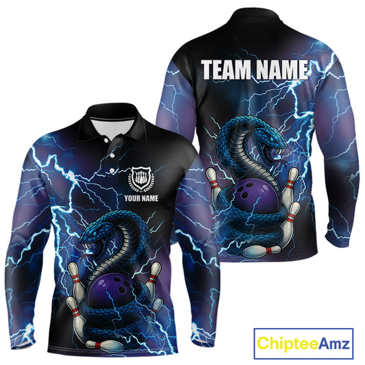 Personalized Black And Blue Thunder Lightning Cobra Snake Bowling Shirts For Men, Bowling Team Uniform NQS9852