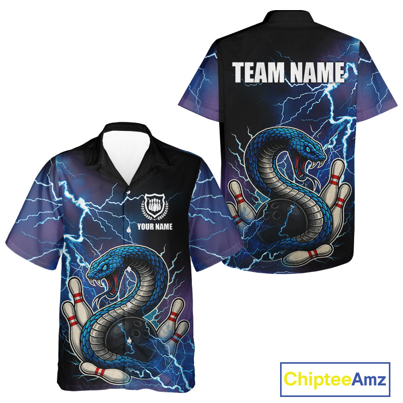 Blue Lightning Thunder Cobra Snake Bowling Hawaiian shirt Custom Bowling Team Button up shirt NQS9853