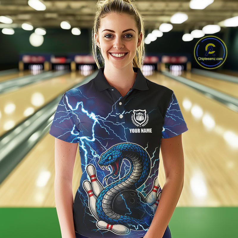 Blue Lightning Thunder Cobra Snake Bowling Polo, 1/4 Zip Shirts For Women Custom Bowling Team Uniform NQS9853