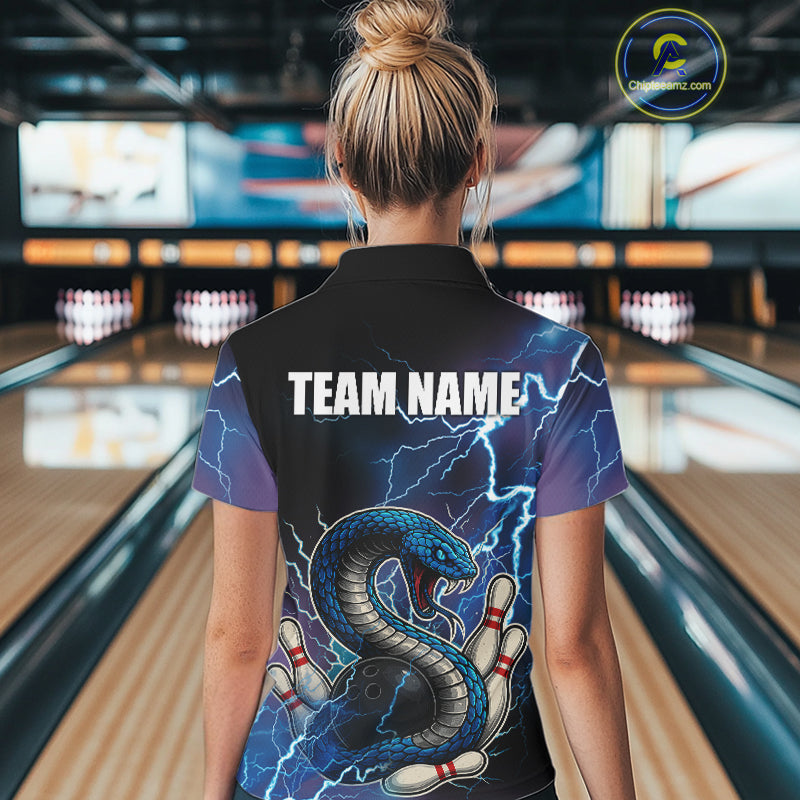 Blue Lightning Thunder Cobra Snake Bowling Polo, 1/4 Zip Shirts For Women Custom Bowling Team Uniform NQS9853