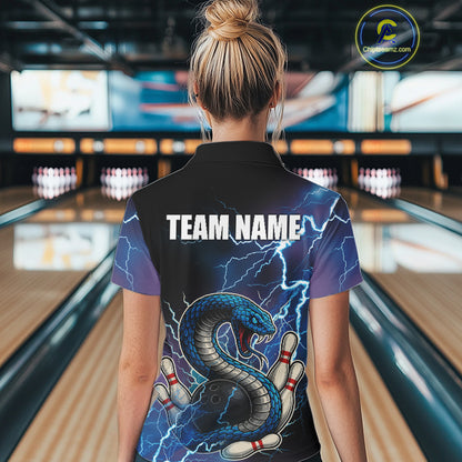 Blue Lightning Thunder Cobra Snake Bowling Polo, 1/4 Zip Shirts For Women Custom Bowling Team Uniform NQS9853