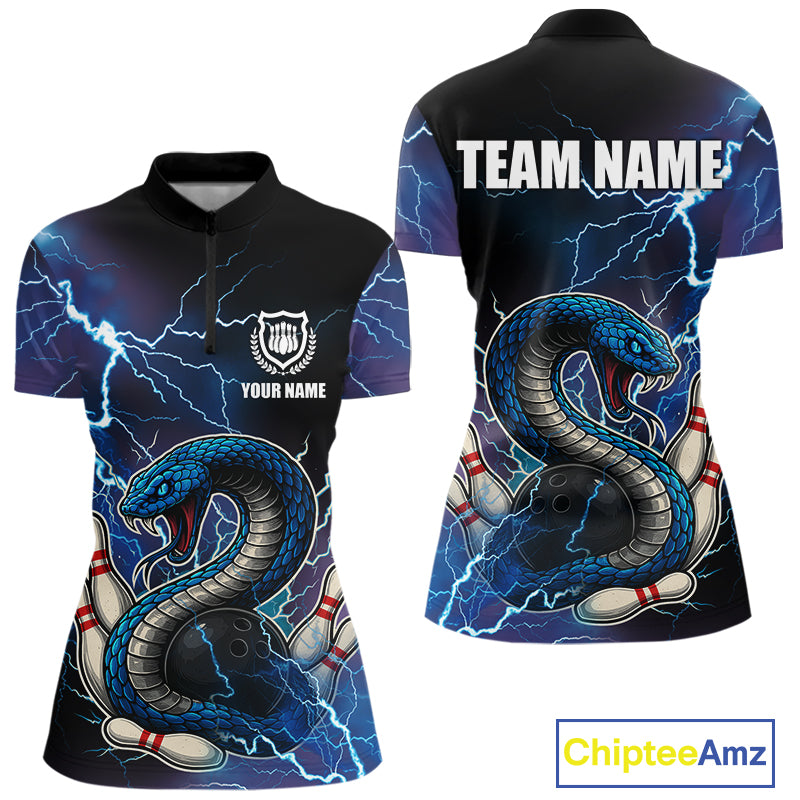 Blue Lightning Thunder Cobra Snake Bowling Polo, 1/4 Zip Shirts For Women Custom Bowling Team Uniform NQS9853