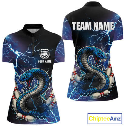 Blue Lightning Thunder Cobra Snake Bowling Polo, 1/4 Zip Shirts For Women Custom Bowling Team Uniform NQS9853