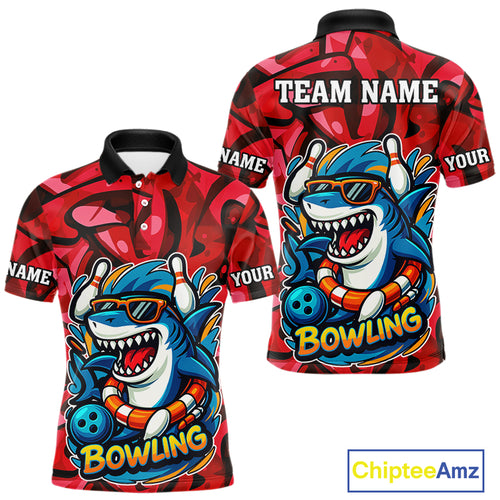 Funny Red Camo Shark Men Bowling Polo, Quarter Zip Shirts Custom Team Shark Bowling Outfit Jersey NQS10076