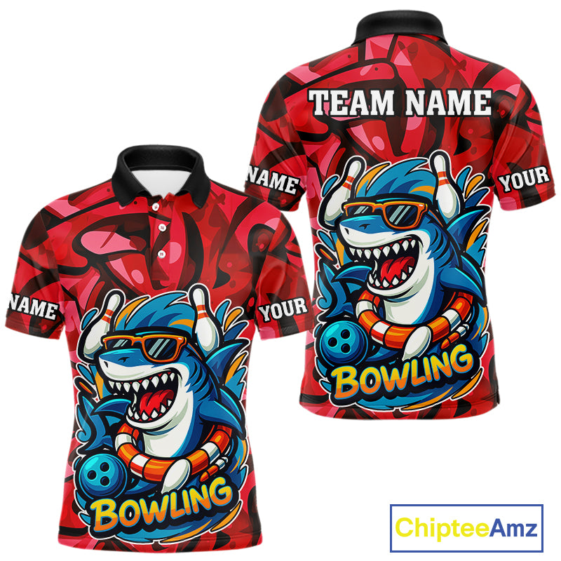 Funny Red Camo Shark Men Bowling Polo, Quarter Zip Shirts Custom Team Shark Bowling Outfit Jersey NQS10076