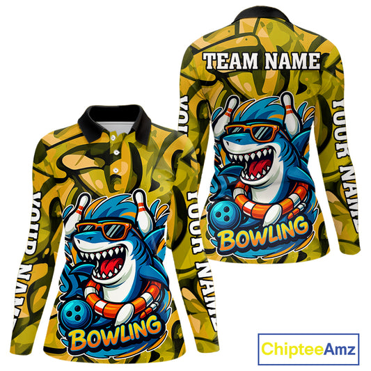 Funny Yellow Camo Shark Women Bowling Polo, Quarter Zip Shirt Custom Team Shark Bowling Outfit Jersey NQS10077