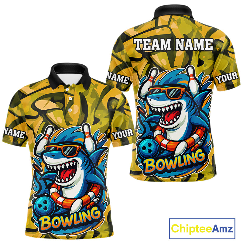Funny Yellow Camo Shark Men Bowling Polo, Quarter Zip Shirts Custom Team Shark Bowling Outfit Jersey NQS10077