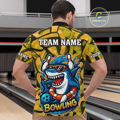 Funny Yellow Camo Shark Men Bowling Polo, Quarter Zip Shirts Custom Team Shark Bowling Outfit Jersey NQS10077