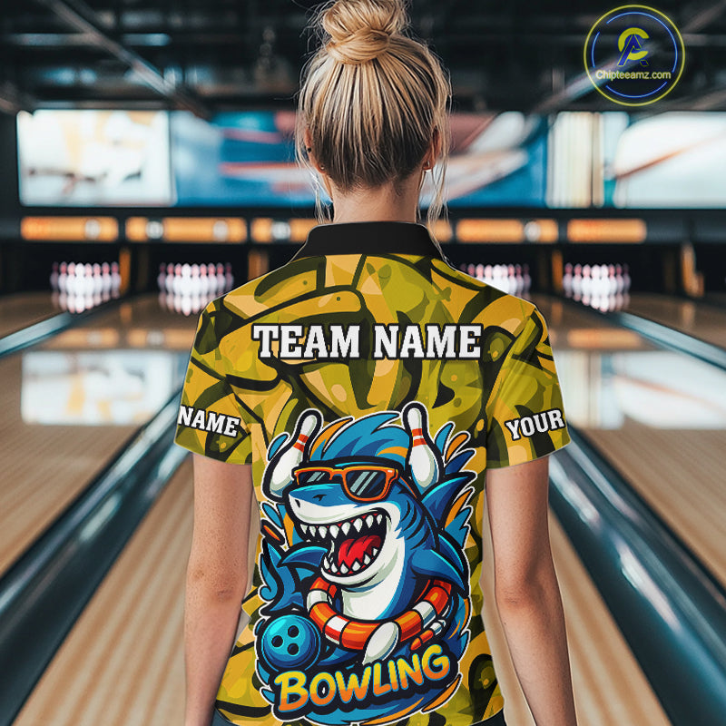 Funny Yellow Camo Shark Women Bowling Polo, Quarter Zip Shirt Custom Team Shark Bowling Outfit Jersey NQS10077