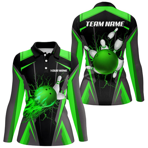 Personalized Women Bowling Shirt Flame Bowling Ball and Pins, bowling jersey for ladies bowler | Green NQS7998