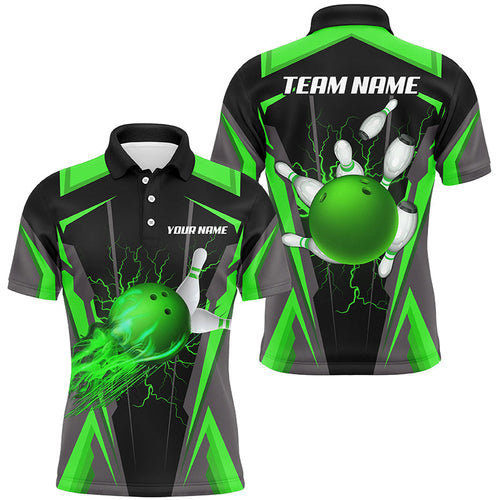 Personalized Men Bowling Shirts Flame Bowling Ball and Pins, bowling jerseys for men bowlers | Green NQS7998