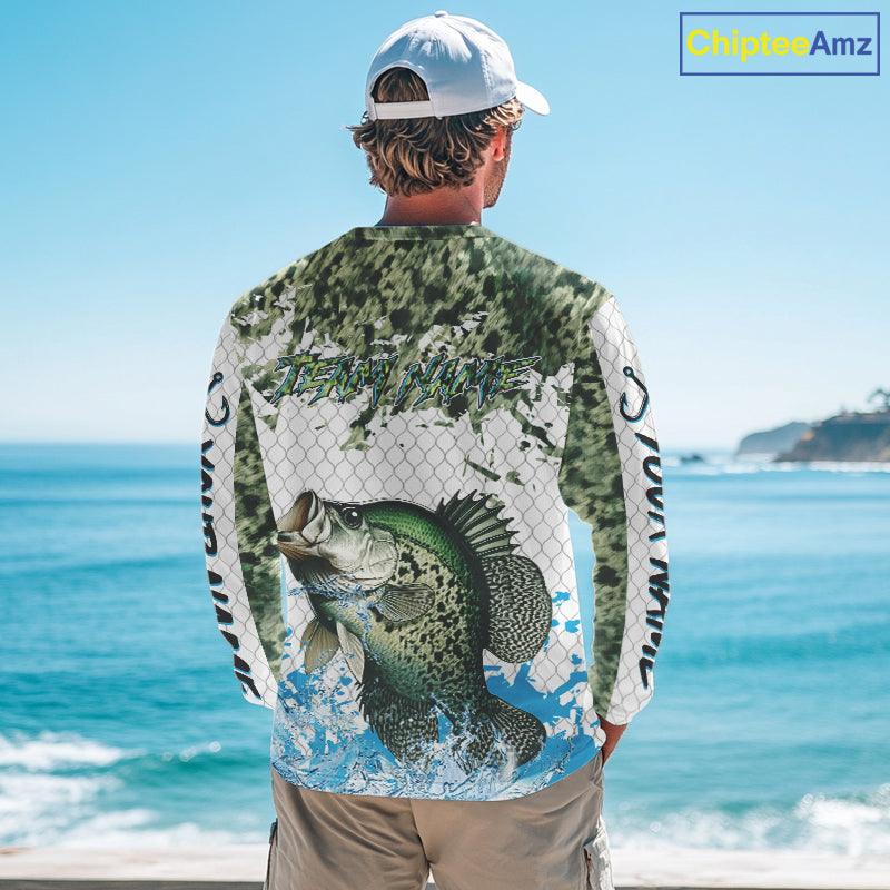 Crappie fishing green scales UV protection custom hooded sun shirt, Crappie fishing jerseys NQS10228