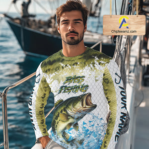Largemouth bass fishing green scales UV protection custom hooded sun shirt, Bass fishing jerseys NQS10229