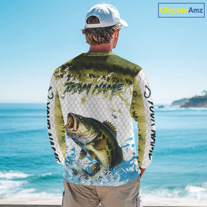 Largemouth bass fishing green scales UV protection custom hooded sun shirt, Bass fishing jerseys NQS10229