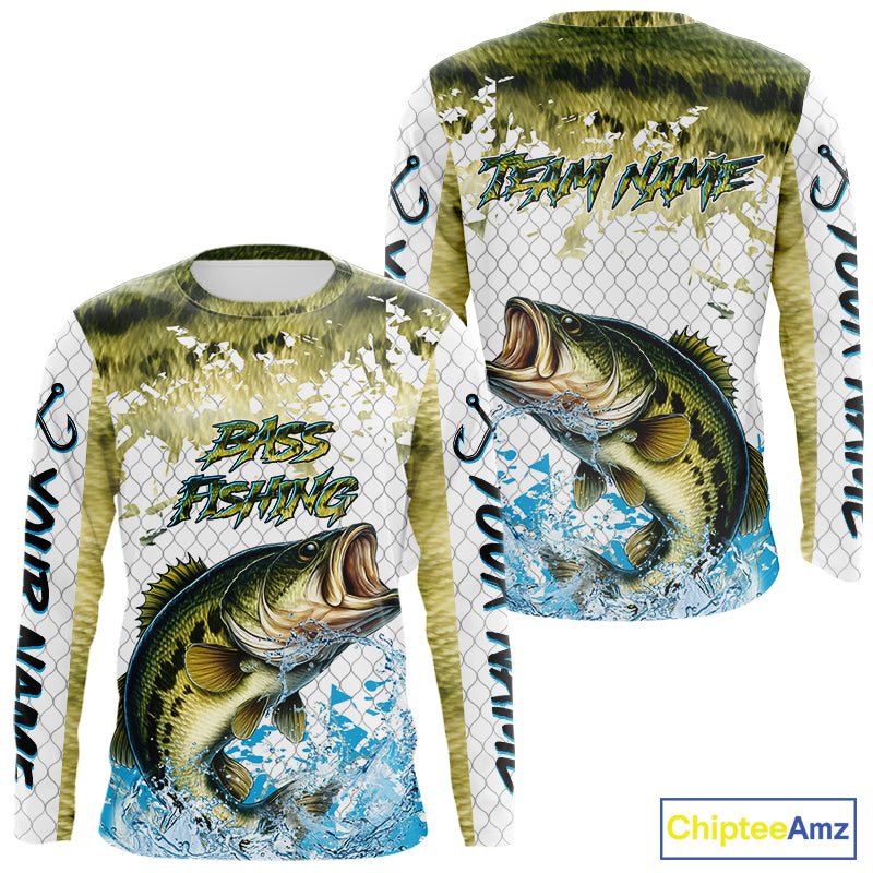 Largemouth bass fishing green scales UV protection custom hooded sun shirt, Bass fishing jerseys NQS10229