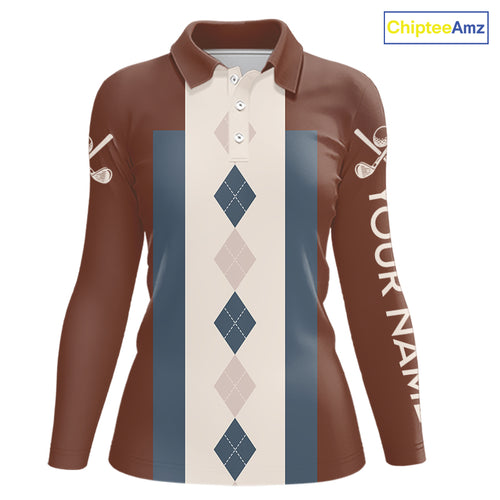Brown Argyle Pattern Women Golf Polo Shirts Custom Vintage Style For Golf Lovers Gift For Ladies NQS10233