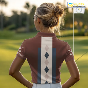 Brown Argyle Pattern Women Golf Polo Shirts Custom Vintage Style For Golf Lovers Gift For Ladies NQS10233