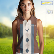 Load image into Gallery viewer, Brown Argyle Pattern Women Sleeveless Polo Shirt Custom Vintage Style For Golf Lovers Gift For Ladies NQS10233