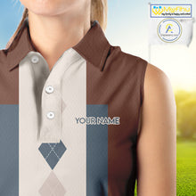 Load image into Gallery viewer, Brown Argyle Pattern Women Sleeveless Polo Shirt Custom Vintage Style For Golf Lovers Gift For Ladies NQS10233