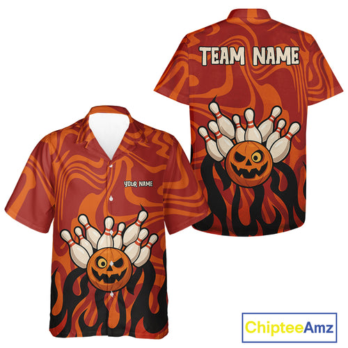 Orange camo flame Bowling Hawaiian Shirt custom Halloween Bowling team button up shirt NQS10395
