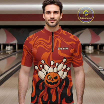 Orange camo flame Bowling polo, quarter zip shirts for men custom Halloween Bowling team jerseys NQS10395