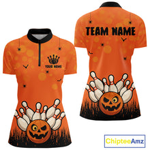 Load image into Gallery viewer, Custom Funny orange Bowling Team Shirt Halloween Polo &amp; Quarter-Zip Bowling Jersey for Women NQS10396