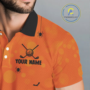 Custom Funny orange Golf skull Halloween Mens golf polo shirt, Personalized Halloween golf outfit NQS10397