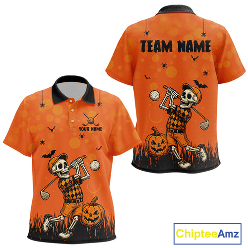 Custom Funny orange Golf skull Halloween Kid golf polo shirt, Personalized Halloween golf outfit NQS10397