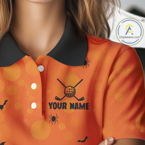 Custom Funny orange Golf skull Halloween Women golf polo shirt, Personalized Halloween golf outfit NQS10397