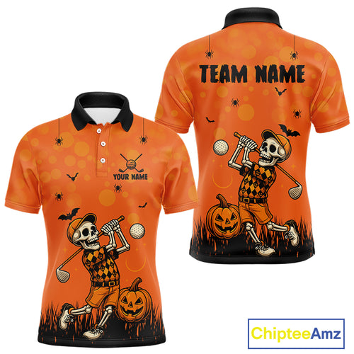 Custom Funny orange Golf skull Halloween Mens golf polo shirt, Personalized Halloween golf outfit NQS10397