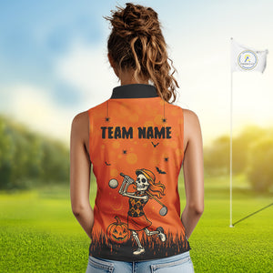 Custom Funny orange Golf skull Halloween Women Sleeveless Polos , Personalized Halloween golf outfit NQS10397