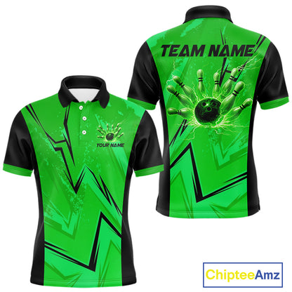 Personalized Green Lightning Thunder Bowling Polo, Quarter Zip Shirts For Men, Team Bowling Jersey NQS10832