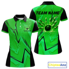 Load image into Gallery viewer, Personalized Green Lightning Thunder Bowling Polo, Quarter Zip Shirts For Women, Team Bowling Jersey NQS10832