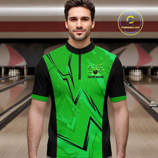 Personalized Green Lightning Thunder Bowling Polo, Quarter Zip Shirts For Men, Team Bowling Jersey NQS10832