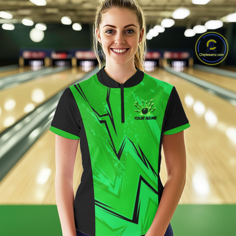 Personalized Green Lightning Thunder Bowling Polo, Quarter Zip Shirts For Women, Team Bowling Jersey NQS10832