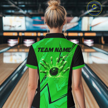 Load image into Gallery viewer, Personalized Green Lightning Thunder Bowling Polo, Quarter Zip Shirts For Women, Team Bowling Jersey NQS10832
