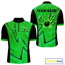 Load image into Gallery viewer, Personalized Green Lightning Thunder Bowling Polo, Quarter Zip Shirts For Men, Team Bowling Jersey NQS10832