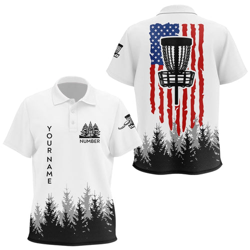 Black and White American flag Kid disc golf polos shirt custom patriotic disc golf basket team outfit NQS9127