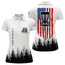 Load image into Gallery viewer, Black and White American flag Women disc golf polo shirt custom patriotic disc golf basket team outfit NQS9127