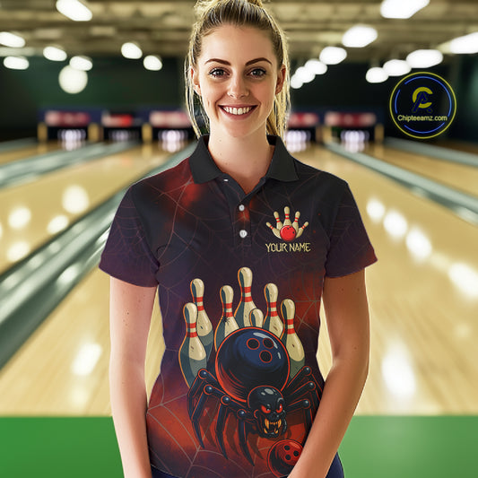 Personalized Funny Angry Spider Bowling Team Polo, 1/4 Zip Shirts For Women, Spider Bowling Jerseys NQS11204