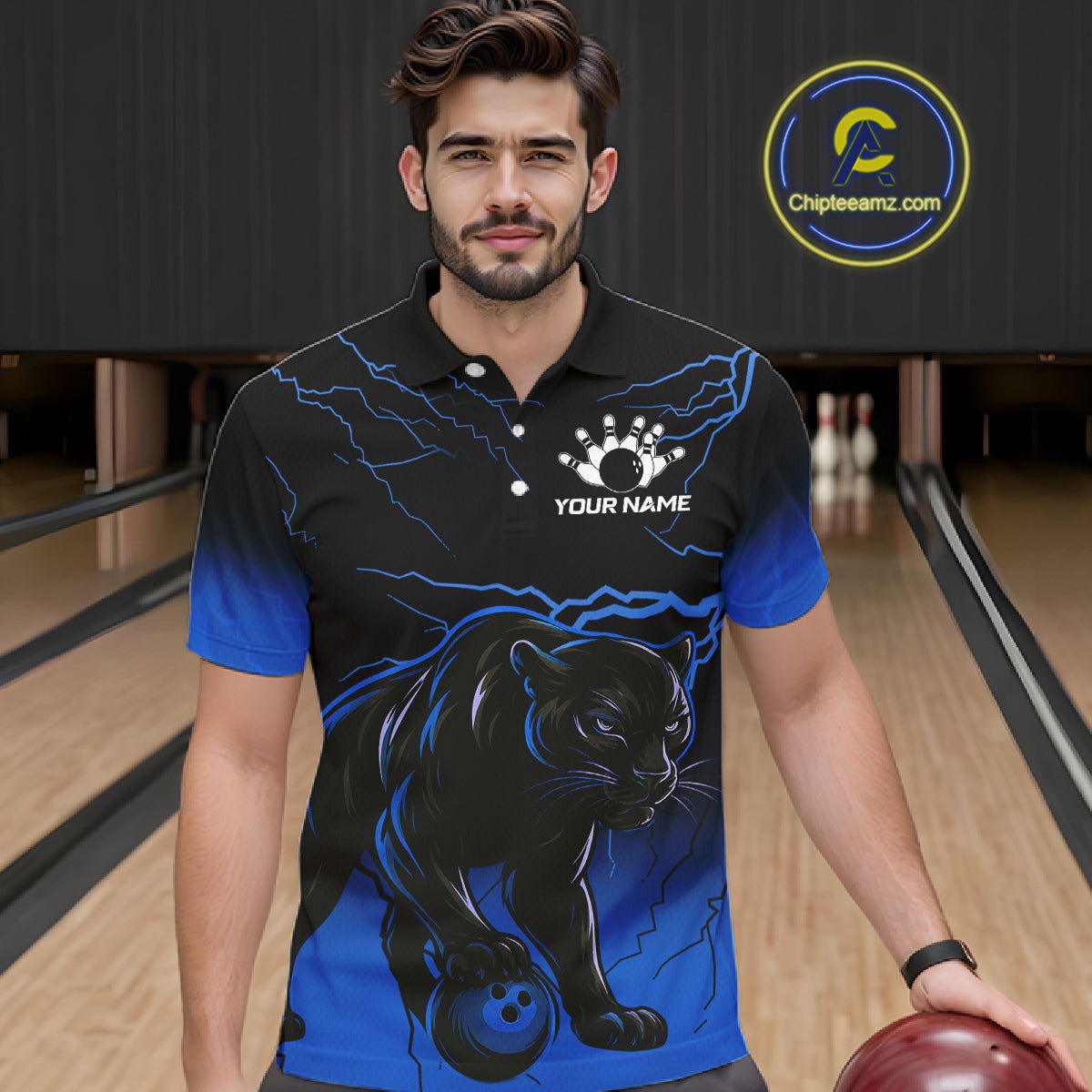 Black and Blue Lightning Thunder Panther Bowling Team Shirts For Men Custom Panther Bowling Jerseys NQS11205