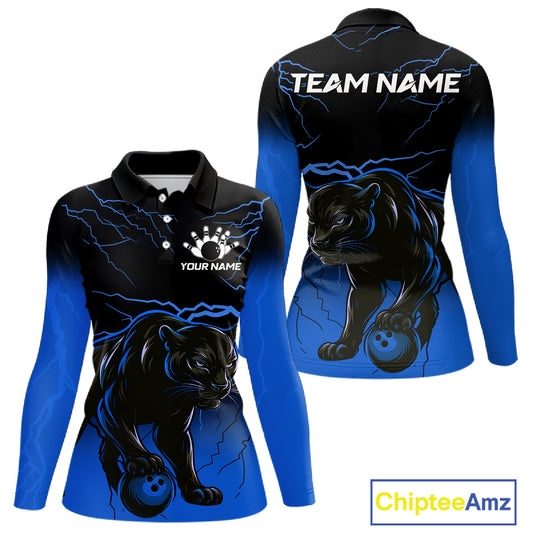 Black and Blue Lightning Thunder Panther Bowling Team Shirts For Women Custom Panther Bowling Jerseys NQS11205