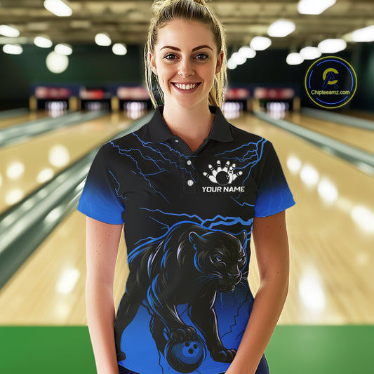 Black and Blue Lightning Thunder Panther Bowling Team Shirts For Women Custom Panther Bowling Jerseys NQS11205