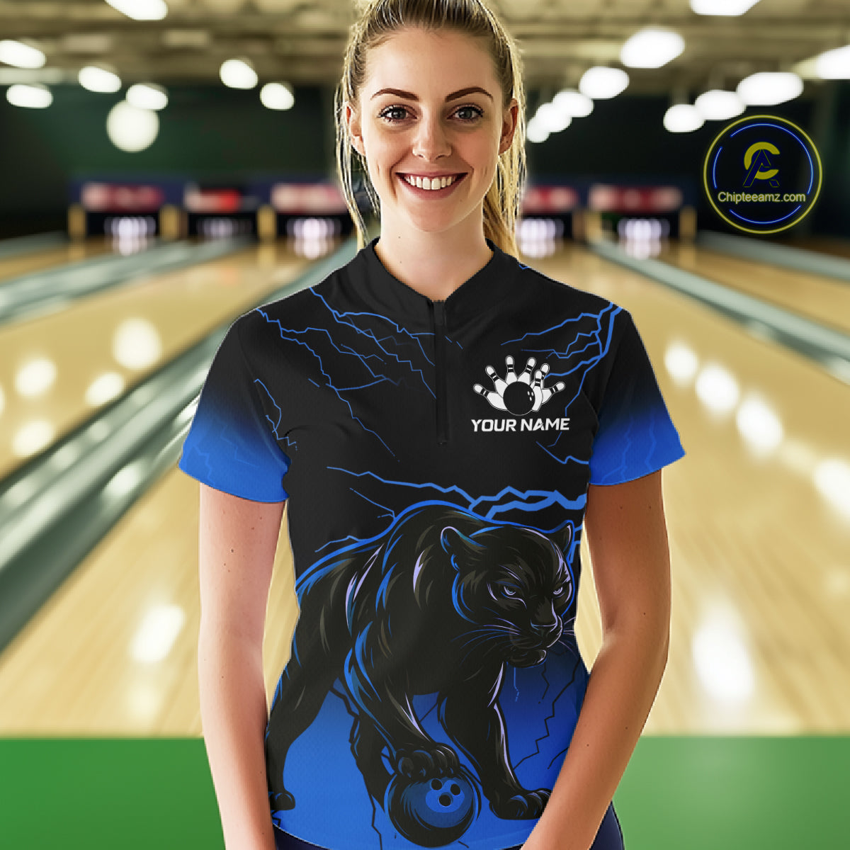 Black and Blue Lightning Thunder Panther Bowling Team Shirts For Women Custom Panther Bowling Jerseys NQS11205