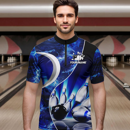 Blue Light pattern Bowling Polo, Quarter Zip shirts for men Custom Bowling Team League Jerseys NQS9340