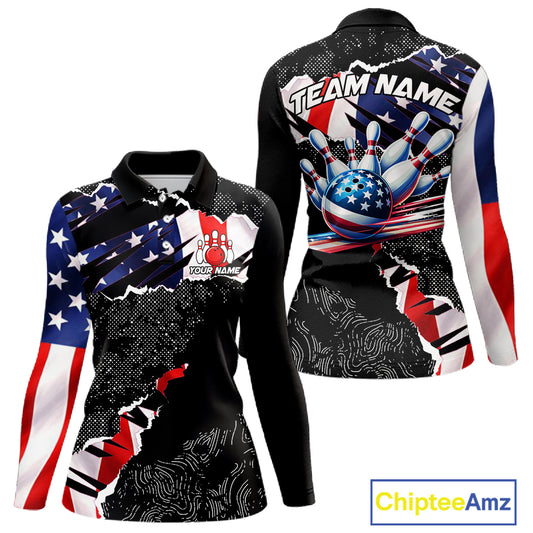 Custom bowling polo shirts, 1/4 zip shirts for Women, US Flag patriotic team bowling league shirts NQS11409