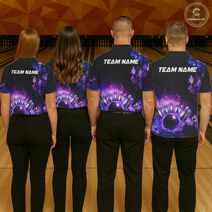 Purple Flame galaxy argyle Custom bowling polo shirts, 1/4 zip for men, team bowling league jerseys NQS11410